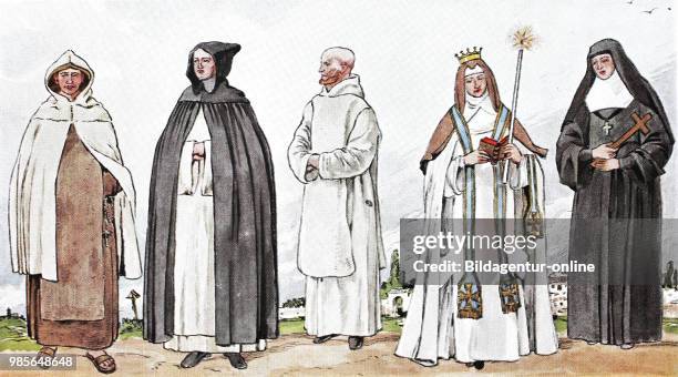 Clothing, fashion of the monks and nuns in the Middle Ages, from the left, Carmelite in dress, charcoal in drapery, Carthusian in house, carthusian...