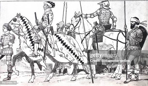 Clothing, fashion, knights costumes in the late Middle Ages, Italian war dress in the 14th century, from the left, knight armored with rail...