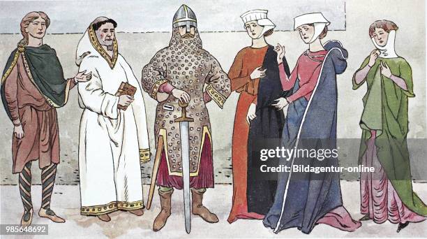 Clothing, fashion, England in the Middle Ages, English costumes, from the left, an Anglo-Saxon and a monk, 10th century, a warrior in an 11th-century...