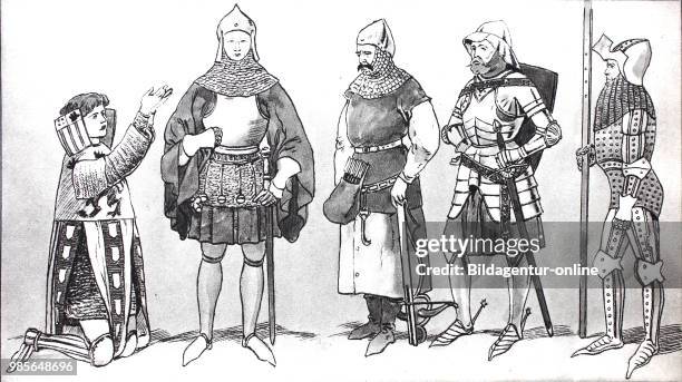 Clothing, fashion, knights costumes in the late Middle Ages, from the left, Burgundian young knights in the 14th century, knights with a peal belt...