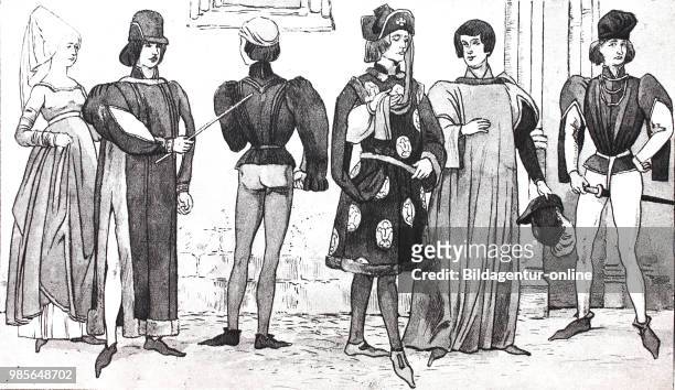 Clothes, fashion, costumes at court in France in the 14th century, from the left, a lady, a judge, a youth, a prince, a noble citizen and a young...