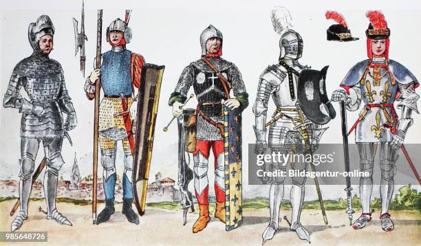 Clothing, fashion, knights costumes in France in the 15th century, from the left, a French knight in a plate armor around 1405, French footmen around...