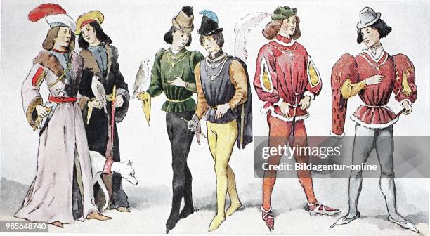 Clothing, fashion in France in the first half of the 15th century, French society, noble youth in falconry, digital improved reproduction of an...