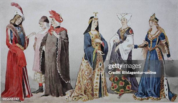 Clothes, fashion in France in the first half of the fifteenth century, distinguished French society, from the left, a distinguished young man, then...