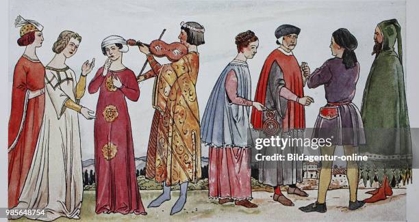 Clothing, fashion of the Italian early Renaissance, 14th century, in 1340 - 1360, from left, three noble ladies in a long dress, musician in a long...