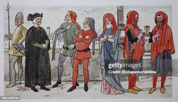 Clothing, fashion of the Italian early Renaissance, 14th century, in 1325-1350, from left, urban mercenaries, knights with cloth hat, then two...