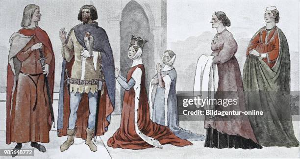 Clothing, fashion of the Italian early Renaissance, 14th century, in 1310-1350, from left, two Italian princes, a queen and a princess with a covered...