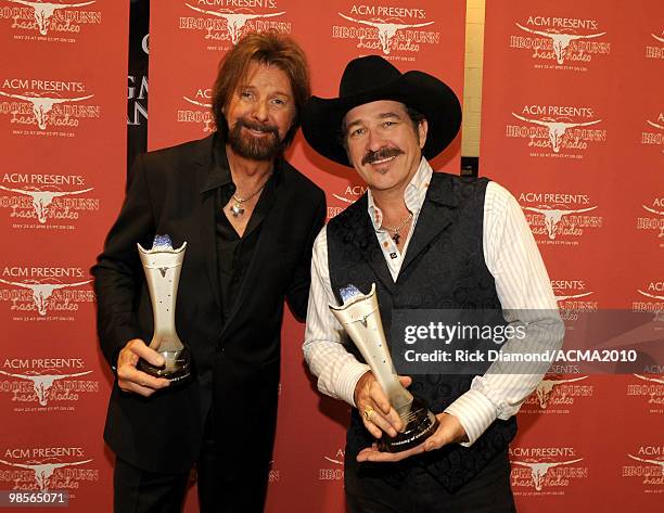 Ronnie Dunn and Kix Brooks pose backstage during Brooks & Dunn's The Last Rodeo Show at the MGM Grand Garden Arena on April 19, 2010 in Las Vegas,...