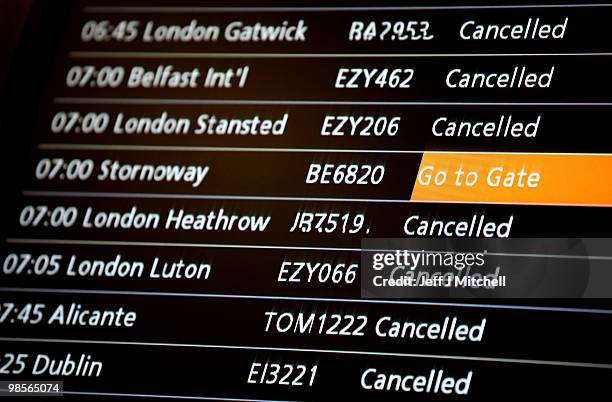 An information sign at Glasgow Airport shows a flight leaving for Stornoway on April 20, 2010 in Glasgow, Scotland. Scottish airspace reopened this...