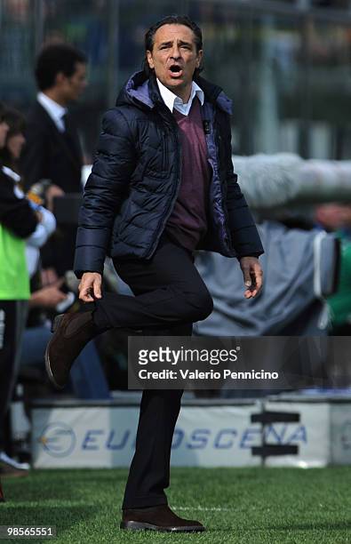 Fiorentina head coach Cesare Prandelli reacts during the Serie A match between Atalanta BC and ACF Fiorentina at Stadio Atleti Azzurri d'Italia on...
