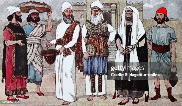 Hebrew apparel fashion in antiquity, from left, a Hebrew in a short-sleeved, long shirt, then a street vendor with a fringe coat, a priest with the...