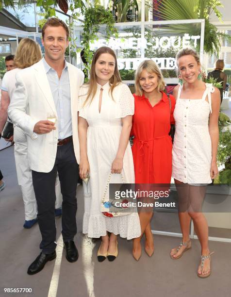 Leander Cadbury, Pip Cadogan, Chantal Piper, and Jemima Cadbury attends the Perrier Jouet VIP reception on the Perrier Jouet Champagne Terrace at...