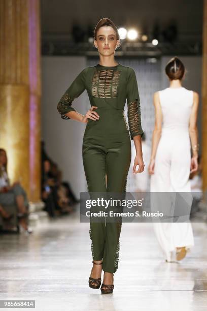 Model walks the runway at the Sabrina Persechino show during Altaroma at Palazzo delle Esposizioni on June 27, 2018 in Rome, Italy.