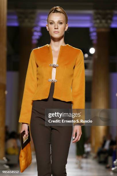 Model walks the runway at the Sabrina Persechino show during Altaroma at Palazzo delle Esposizioni on June 27, 2018 in Rome, Italy.