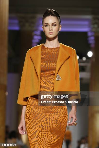 Model walks the runway at the Sabrina Persechino show during Altaroma at Palazzo delle Esposizioni on June 27, 2018 in Rome, Italy.