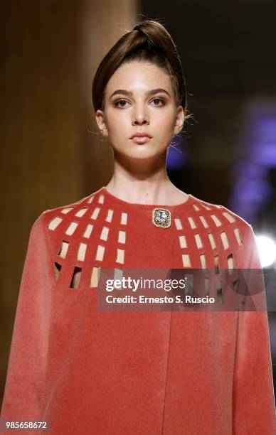 Model walks the runway at the Sabrina Persechino show during Altaroma at Palazzo delle Esposizioni on June 27, 2018 in Rome, Italy.