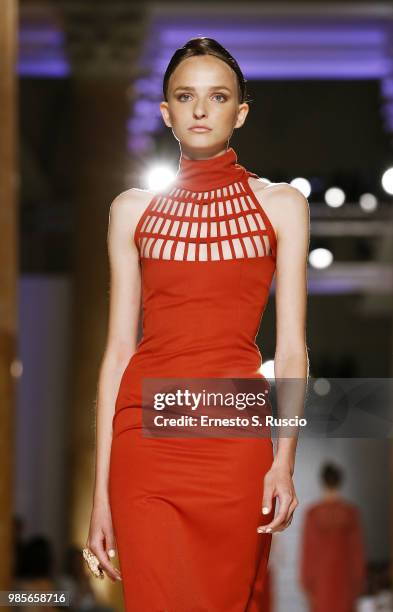 Model walks the runway at the Sabrina Persechino show during Altaroma at Palazzo delle Esposizioni on June 27, 2018 in Rome, Italy.