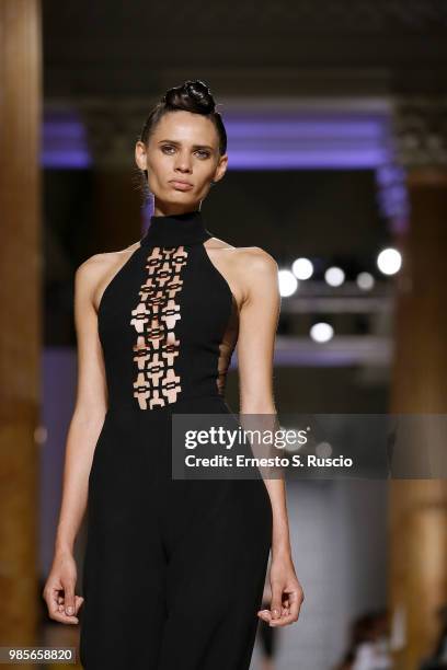 Model walks the runway at the Sabrina Persechino show during Altaroma at Palazzo delle Esposizioni on June 27, 2018 in Rome, Italy.
