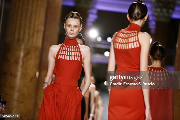 Models walk the runway at the Sabrina Persechino show during Altaroma at Palazzo delle Esposizioni on June 27, 2018 in Rome, Italy.