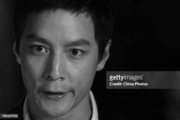 Hong Kong Actor Daniel Wu speaks to media on the red carpet during the 29th Hong Kong Film Awards Presentation Ceremony on April 18, 2010 in HONG...