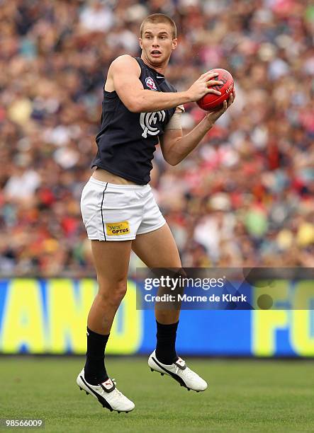 Lachie Henderson of the Blues marks during the round four AFL match between the Adelaide Crows and the Carlton Blues at AAMI Stadium on April 17,...