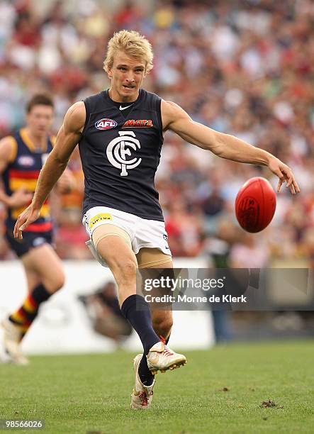 Dennis Armfield of the Blues kicks during the round four AFL match between the Adelaide Crows and the Carlton Blues at AAMI Stadium on April 17, 2010...