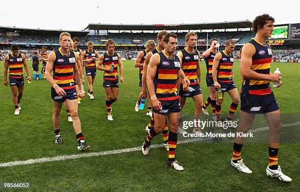The Crows leave the ground after their loss during the round four AFL match between the Adelaide Crows and the Carlton Blues at AAMI Stadium on April...
