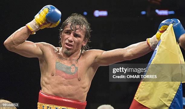 World Boxing Council World Champion of the Lightweight division Edwin Valero from Venezuela, celebrates after winning against interim champion...