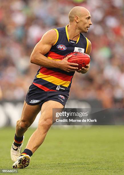 Tyson Edwards of the Crows looks upfield during the round four AFL match between the Adelaide Crows and the Carlton Blues at AAMI Stadium on April...