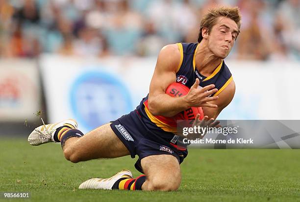 Richard Douglas of the Crows marks during the round four AFL match between the Adelaide Crows and the Carlton Blues at AAMI Stadium on April 17, 2010...
