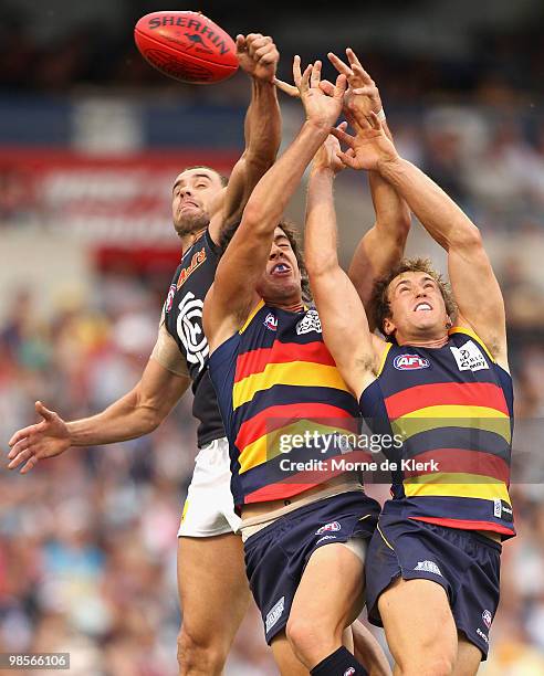 Andrew Walker of the Blues spoils during the round four AFL match between the Adelaide Crows and the Carlton Blues at AAMI Stadium on April 17, 2010...