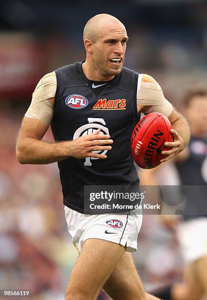 Chris Judd of the Blues looks upfield during the round four AFL match between the Adelaide Crows and the Carlton Blues at AAMI Stadium on April 17,...