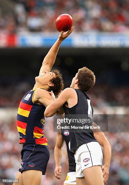 Kurt Tippett of the Crows wins a hitout during the round four AFL match between the Adelaide Crows and the Carlton Blues at AAMI Stadium on April 17,...