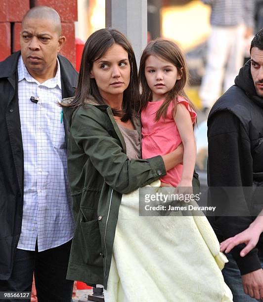 Suri Cruise and Katie Holmes seen on location of "Son of No One" in the Bronx on April 12, 2010 in New York City.