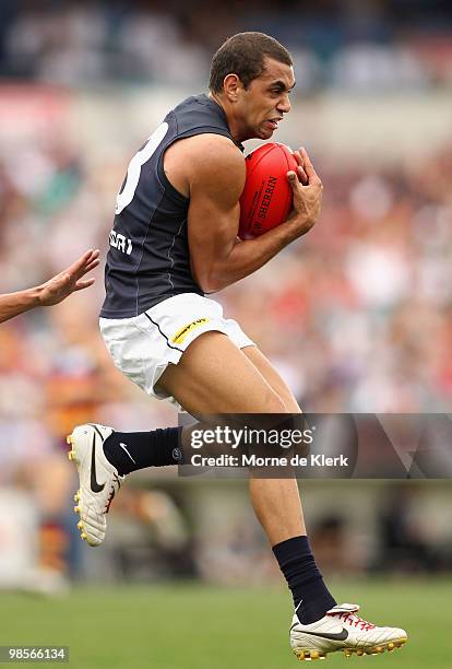 Chris Yarran of the Blues marks during the round four AFL match between the Adelaide Crows and the Carlton Blues at AAMI Stadium on April 17, 2010 in...