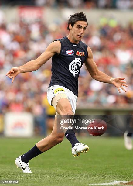 Kane Lucas of the Blues in action during the round four AFL match between the Adelaide Crows and the Carlton Blues at AAMI Stadium on April 17, 2010...