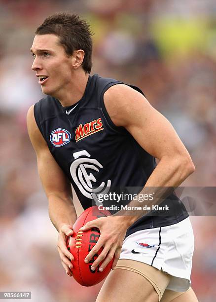 Ryan Houlihan of the Blues runs with the ball during the round four AFL match between the Adelaide Crows and the Carlton Blues at AAMI Stadium on...