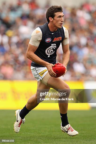 Michael Jamison of the Blues looks upfield during the round four AFL match between the Adelaide Crows and the Carlton Blues at AAMI Stadium on April...