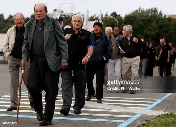 New Zealand war veteran Morris Johnstone leads the veterans onto the Boeing 757 as it prepares to leave the Ohakea Airfore Base enroute to Gallipoli...