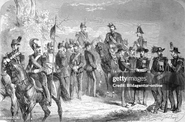 Crimean War 1853 - 1856, soldiers from Sardinia, Italy with the new uniforms, Digital improved reproduction of an original woodprint from the 19th...