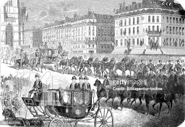 Crimean War 1853 - 1856, arriving of the french emperor Napoleon at the church Notre Dame, Paris, France, Digital improved reproduction of an...