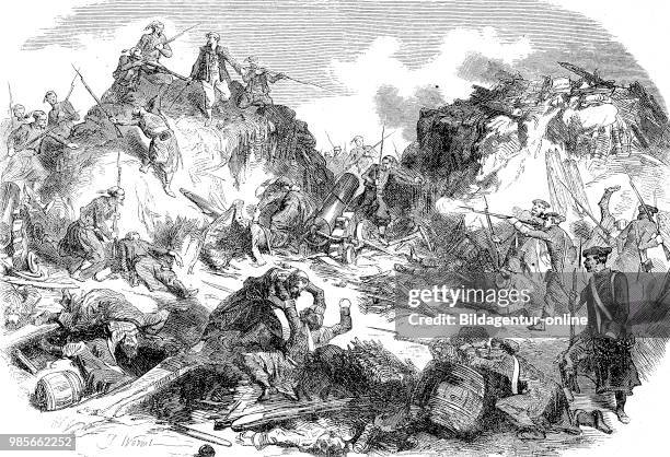Crimean War 1853 - 1856, conquest of a Russian military battery, Digital improved reproduction of an original woodprint from the 19th century.