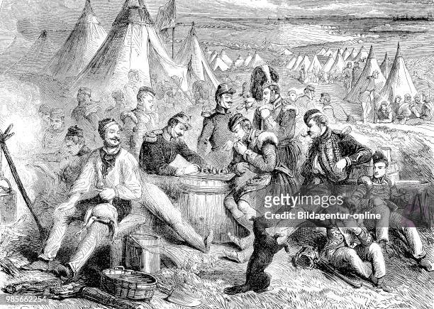 Crimean War 1853 - 1856, pastime and entertainment in the English camp at the Crimea, Digital improved reproduction of an original woodprint from the...