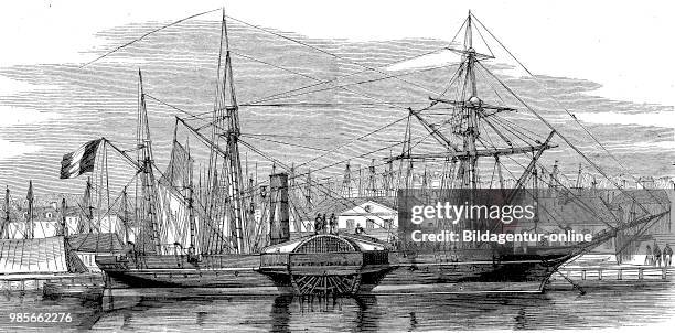 Crimean war, Embarkation of the French troops, France, Digital improved reproduction of an original woodprint from the 19th century.