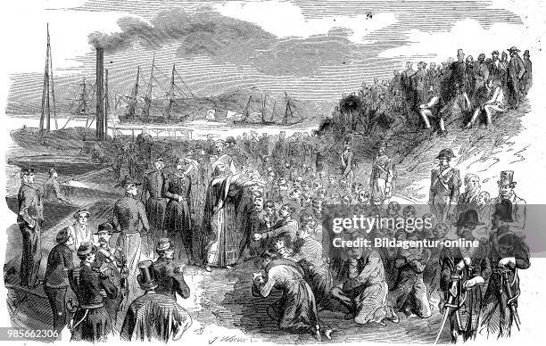 Crimean War, Arrival of Russian prisoners of war in Toulon, France, Digital improved reproduction of an original woodprint from the 19th century.