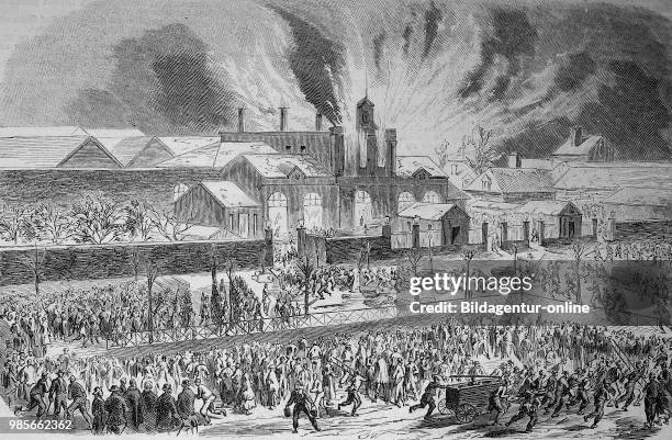 City of Troyes, France, burning of the railway station, fire Digital improved reproduction of an original woodprint from the 19th century.