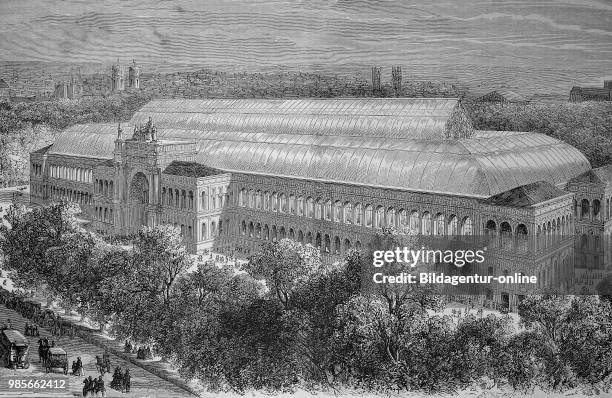 Pictures of the time of 1855, Industrial Palace, Palais de l industrie facade to the Champs-Elysees in Paris, France, digital improved reproduction...