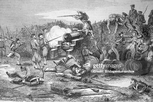 Crimean War 1855, the Russian army attacks a French battery, Digital improved reproduction of an original woodprint from the 19th century.