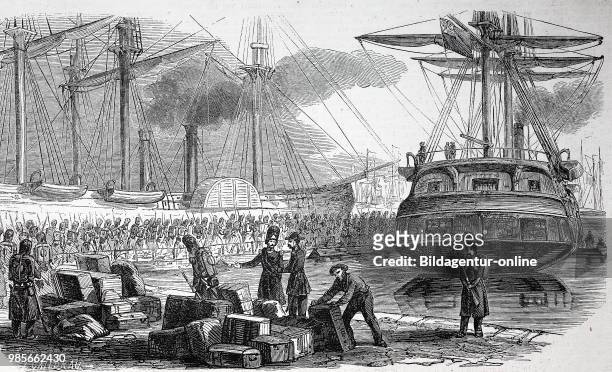 Crimean War 1855, embarkation of the Imperial Guard to the Crimea, here aboard the volcano, Digital improved reproduction of an original woodprint...