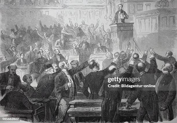 The declaration of war in the Senate in Paris on the 15th of July 1870, France, digital improved reproduction of an original print from the 19th....